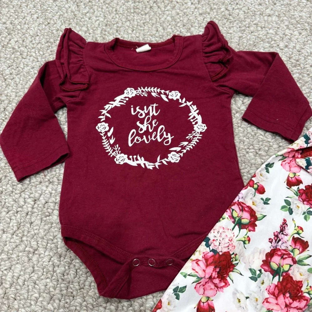 Baby Girl Ruffle Sleeve Bodysuit Floral Pants‎ Outfit Set Size 6-9 Months